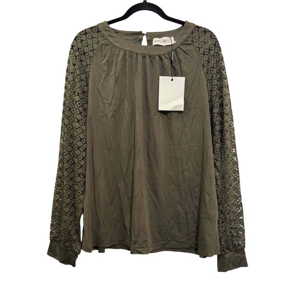 Hanna Nikole Womens Top Long Sleeve Lace Cutout Blouse Olive Green Size Medium